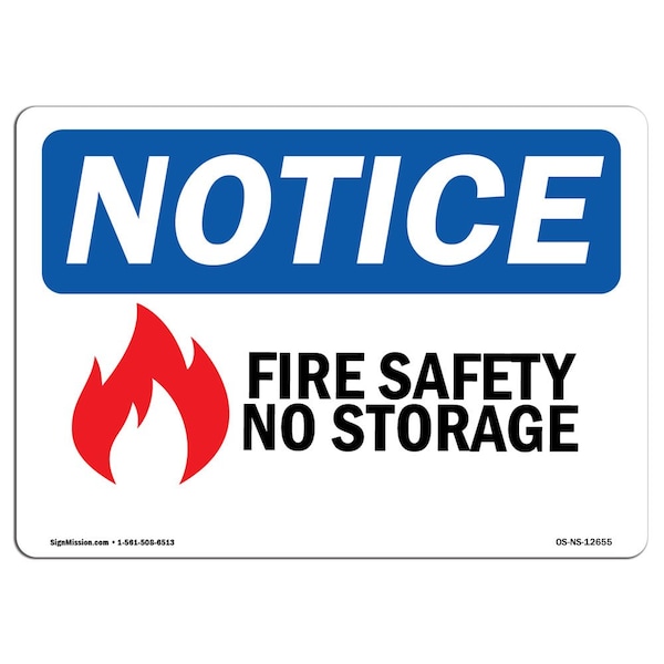 OSHA Sign, Fire Safety No Storage With Symbol, 24in X 18in Rigid Plastic, 18" W, 24" L, Landscape